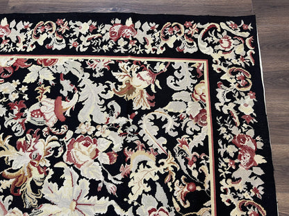 Wool Needlepoint Rug 9x12, William Morris Vintage Chinese Needlepoint Carpet 9 x 12, Handwoven, Allover Floral Area Rug, Black Light Green - Nuvé