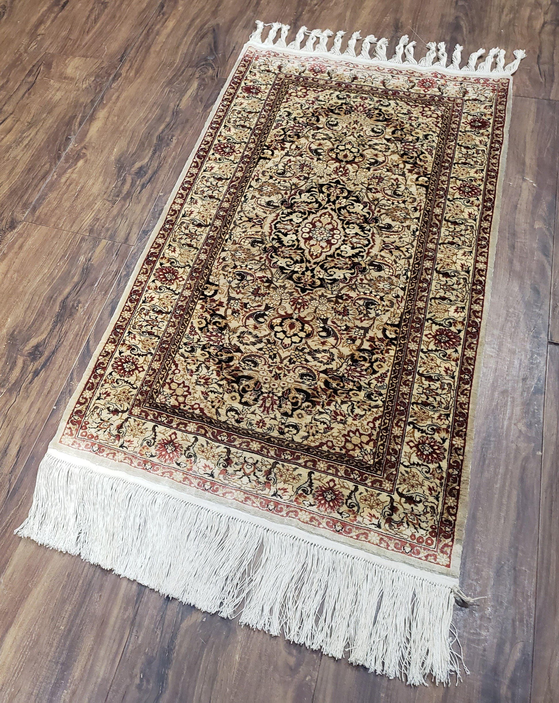 Silk Oriental Rug 1' 7" x 3', Very Fine Silk Carpet, Small Silk Rug, Traditional Floral Medallion, Hand-Knotted Cream Beige Vintage Silk Rug - Nuvé