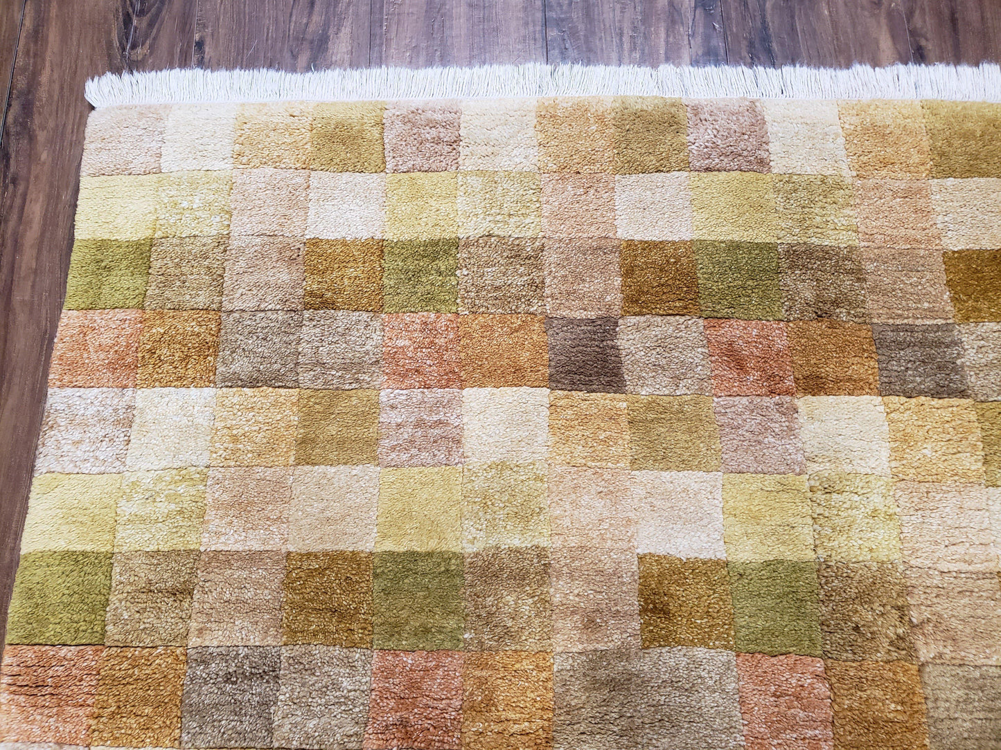 4x6 Tibetan Rug, Modern Abstract Handmade Area Rug, Checkerboard Pattern, Neutral Ivory Gold Tan Colors, Soft Pile, Mid Sized Rug, Nepali - Nuvé