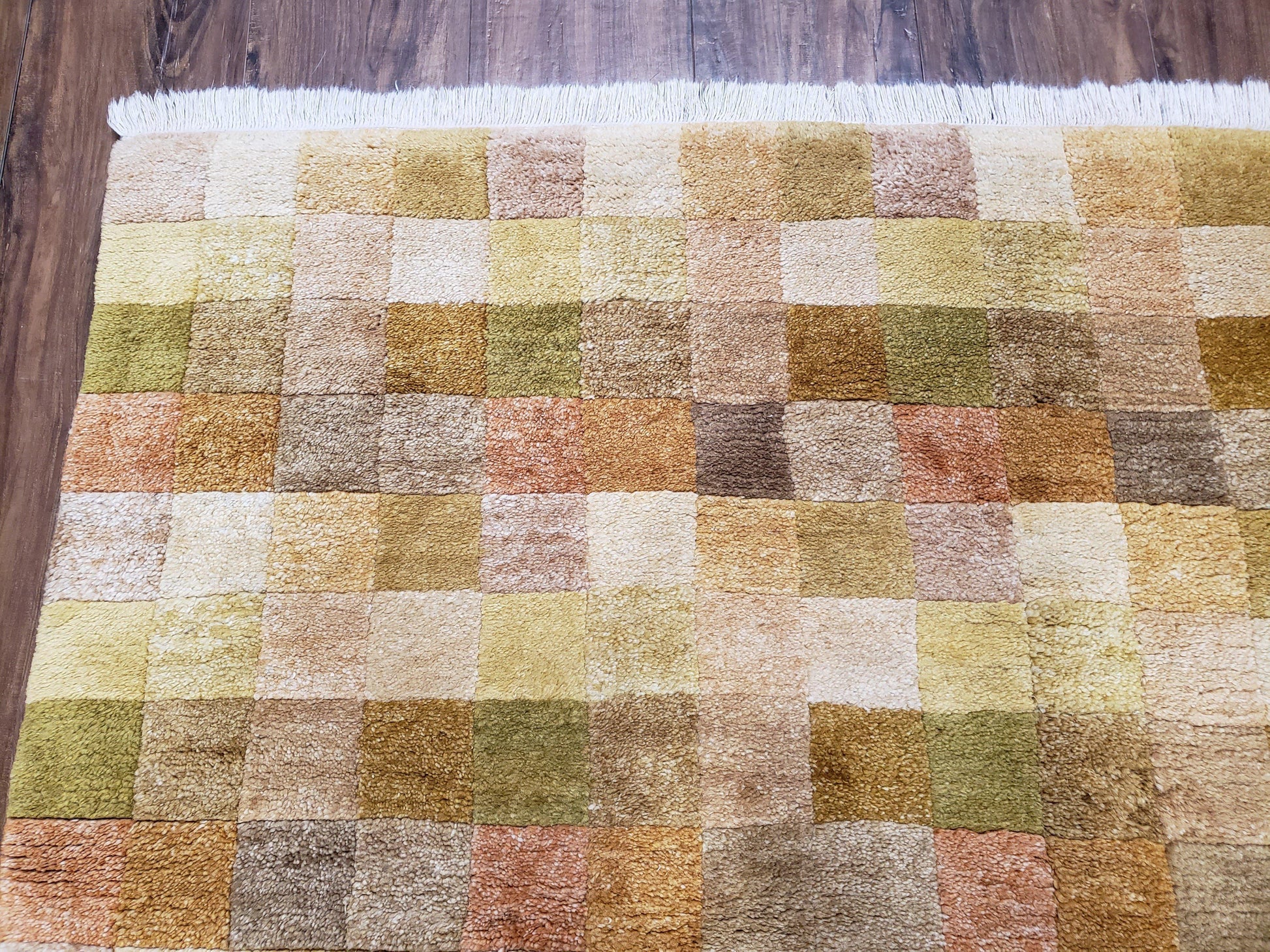 4x6 Tibetan Rug, Modern Abstract Handmade Area Rug, Checkerboard Pattern, Neutral Ivory Gold Tan Colors, Soft Pile, Mid Sized Rug, Nepali - Nuvé
