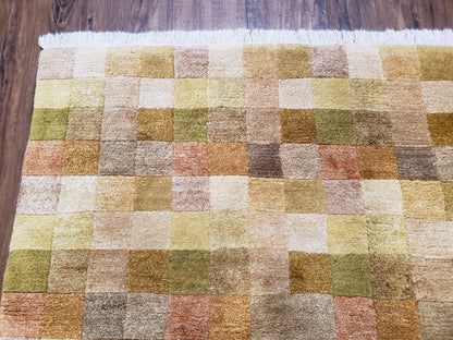 4x6 Tibetan Rug, Modern Abstract Handmade Area Rug, Checkerboard Pattern, Neutral Ivory Gold Tan Colors, Soft Pile, Mid Sized Rug, Nepali - Nuvé