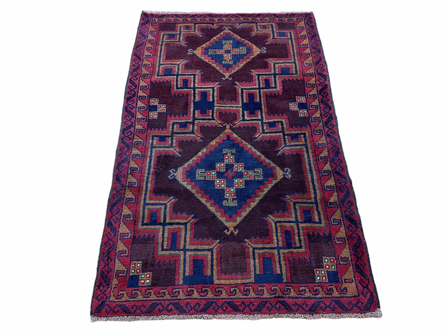 2'11" X 4'6" Vintage Handmade Tribal Wool Rug Balouchi Rug Afghan Rug Geometric - Nuvé