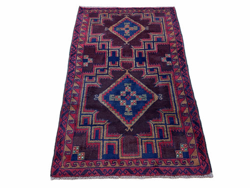 2'11" X 4'6" Vintage Handmade Tribal Wool Rug Balouchi Rug Afghan Rug Geometric - Nuvé