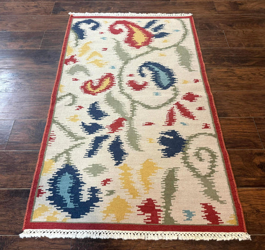 Indian Kilim Flatweave Rug 3x5, Abstract, Beige and Multicolor Flowers, Handmade - Nuvé