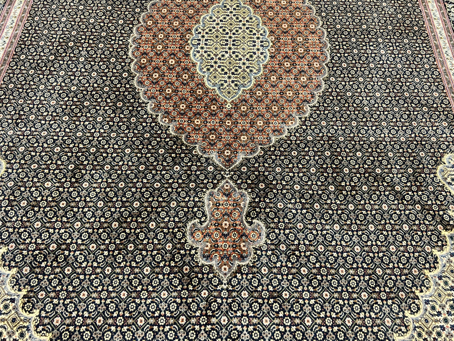 Persian Tabriz Rug 7x10, Very Fine 330 KPSI 50 Raj, Black and Beige, Handmade Wool Vintage Persian Carpet - Nuvé