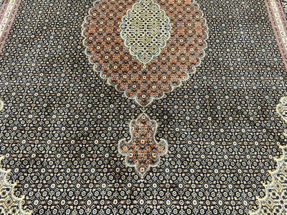 Persian Tabriz Rug 7x10, Very Fine 330 KPSI 50 Raj, Black and Beige, Handmade Wool Vintage Persian Carpet - Nuvé