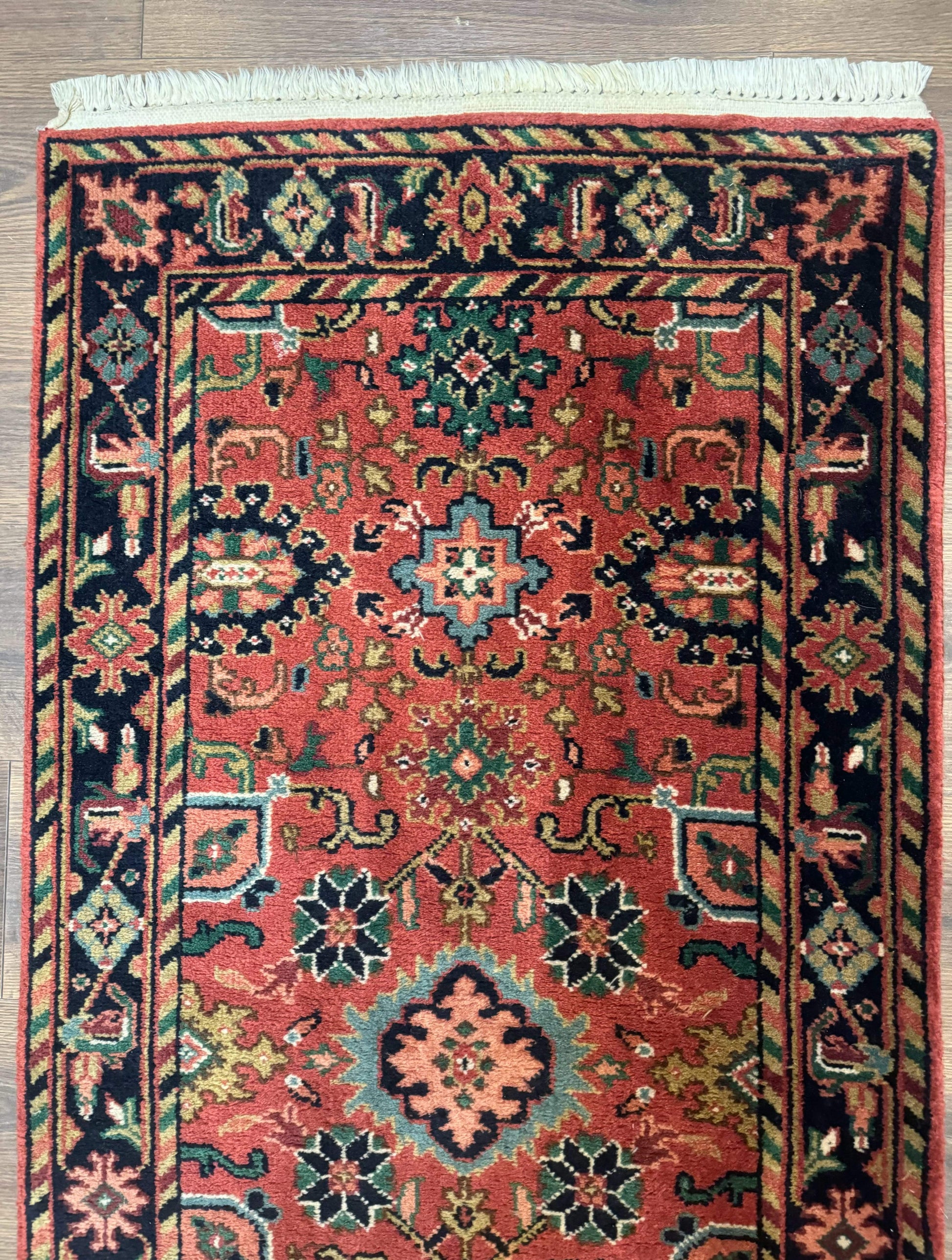 Indo Persian Heriz Runner Rug 2 x 12 ft, Hand Knotted Wool Hallway Rug, Red & Black - Nuvé