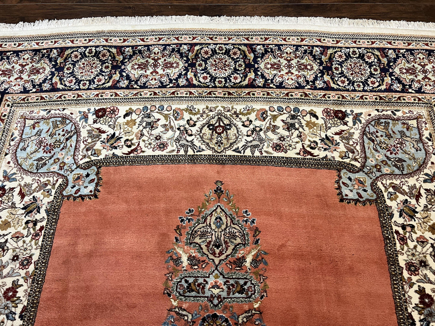 Persian Tabriz Rug 10x13, Wool Hand Knotted Vintage Carpet, Salmon Red & Ivory, Semi Open Field, Birds & Animal Motifs, Large Rug - Nuvé
