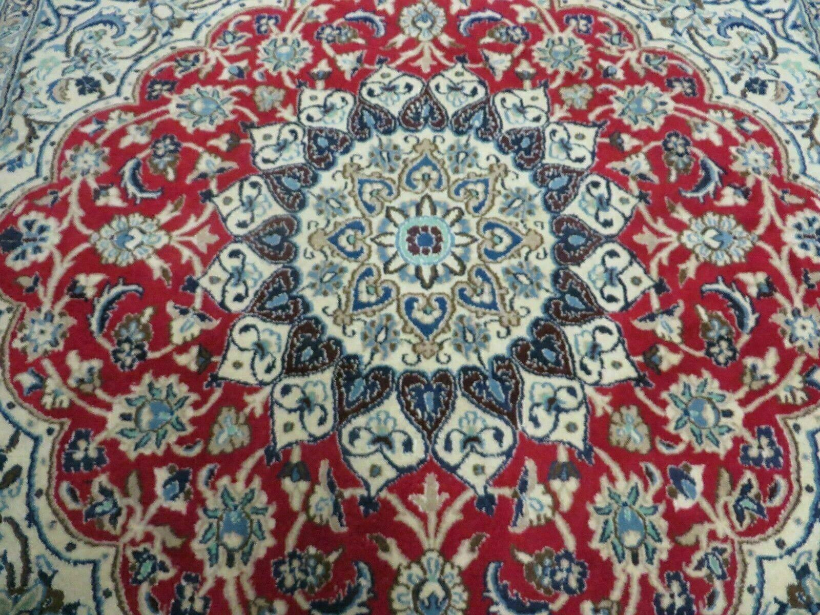 Square Persian Nain Rug 6.3 x 6.8, Hand-Knotted Wool with Silk Accents, Ivory Red Blue - Nuvé