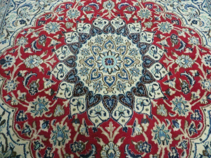 Square Persian Nain Rug 6.3 x 6.8, Hand-Knotted Wool with Silk Accents, Ivory Red Blue - Nuvé