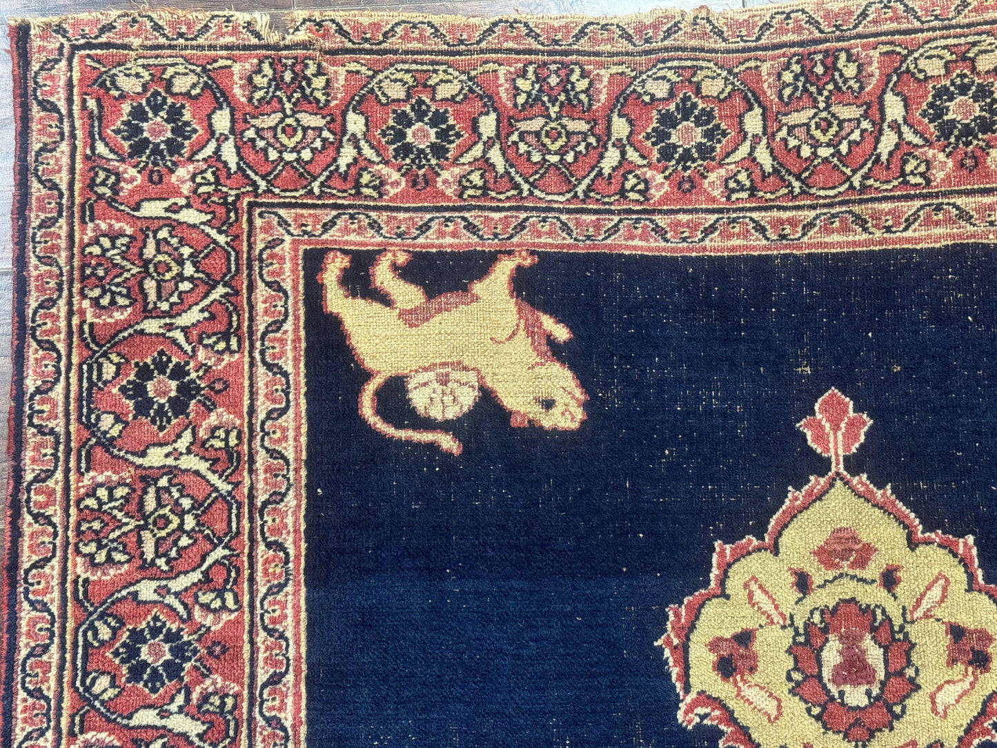 Antique Persian Mashad Rug 4x6, Semi Open Field, Navy Blue, Lion Pictorials, Triple Medallion, Dorokhsh Rug - Nuvé