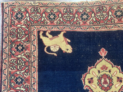 Antique Persian Mashad Rug 4x6, Semi Open Field, Navy Blue, Lion Pictorials, Triple Medallion, Dorokhsh Rug - Nuvé
