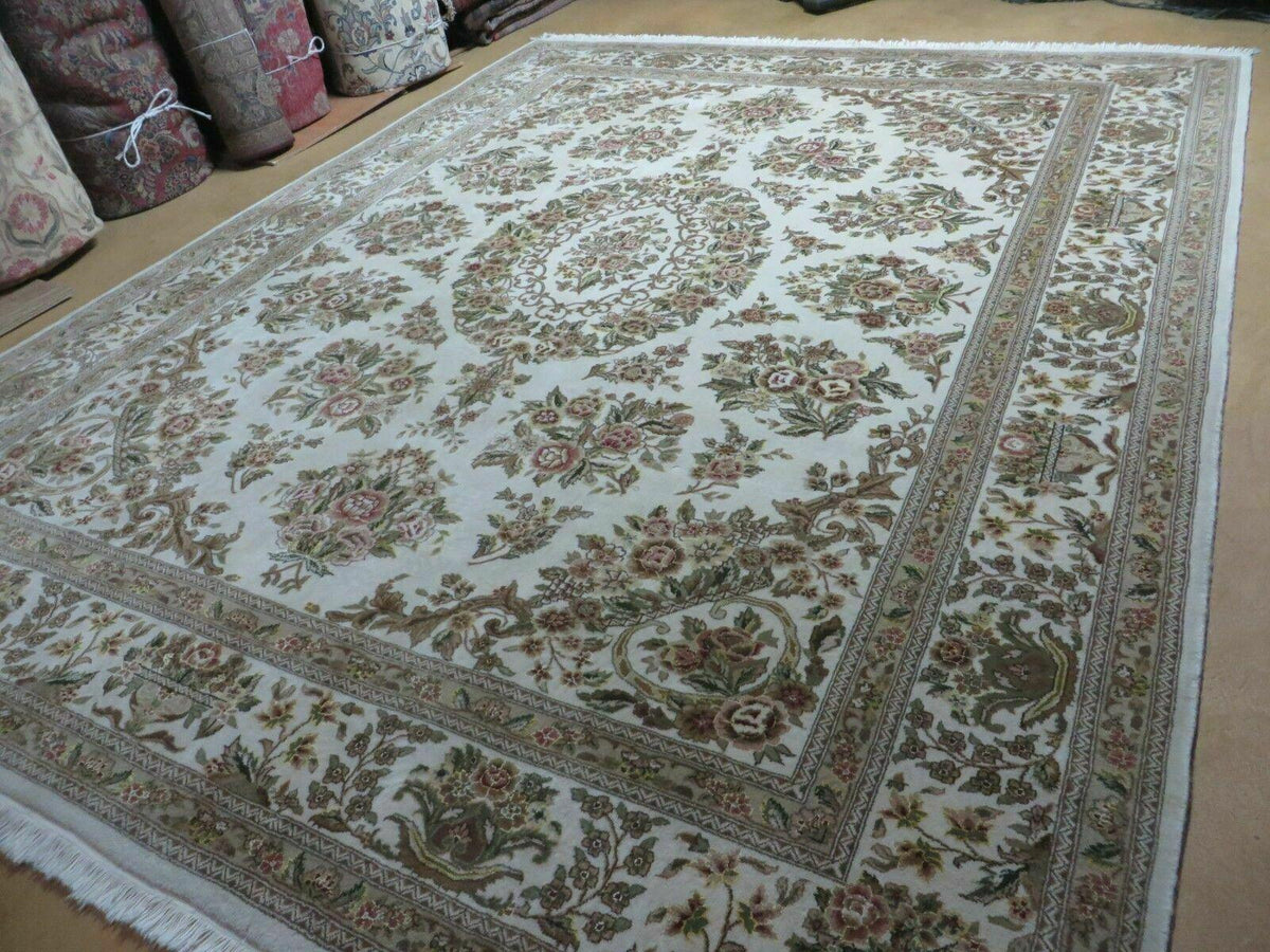 8' X 10' Handmade Chinese Floral Oriental Wool Silk Accent Rug Ivory Organic