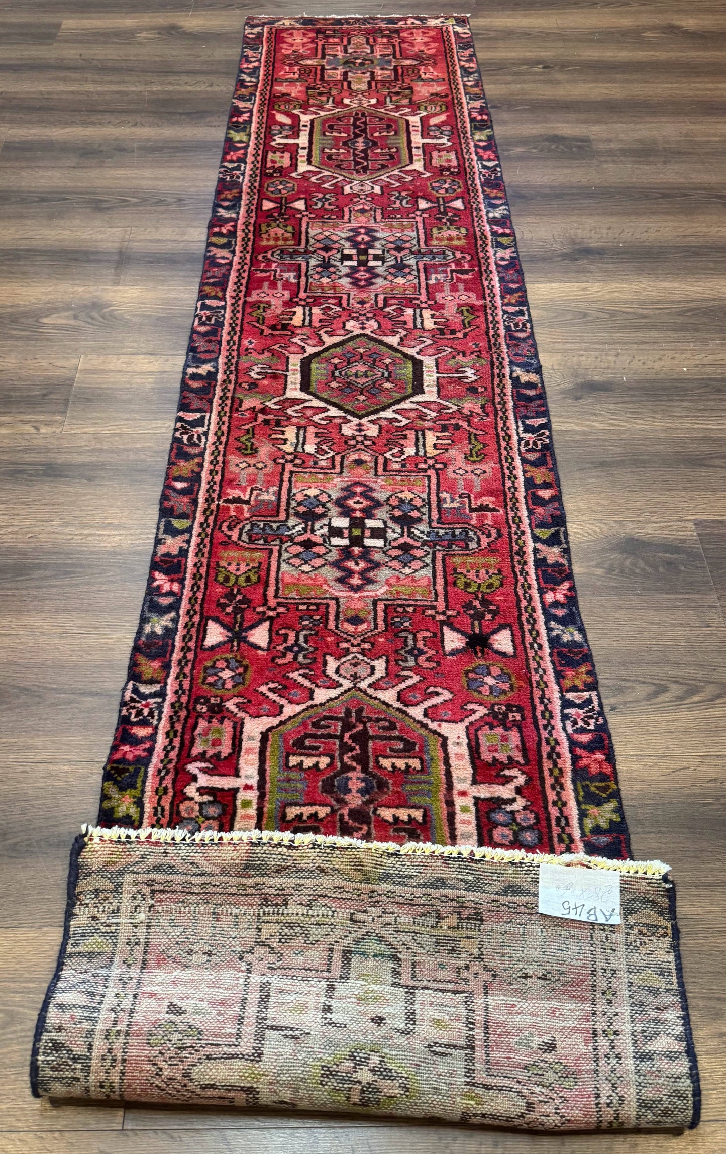 Persian Heriz Karajeh Runner Rug 2x9, Geometric Medallions, Red Navy Blue, 2 x 9 Rug for Hallway - Nuvé
