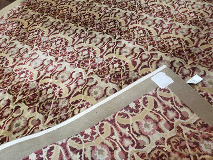 Contemporary Indian Nepalese Room Sized Rug 9 x 11.6, Wool Hand-Knotted Dark Red & Beige Soft Carpet, 9 x 12 Masterloom Living Room Rug