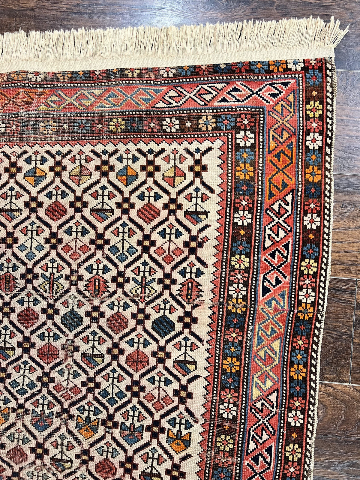 Antique Caucasian Rug 4x5, Hand Knotted Handmade Shirvan Oriental Carpet, Ivory Red Rug Allover Pattern, Rare Wool Rug, Tribal Geometric Rug