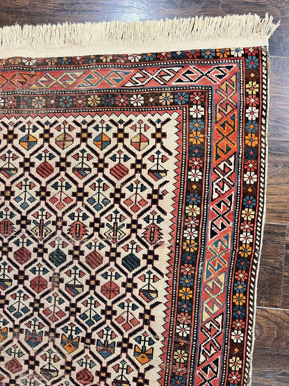 Antique Caucasian Rug 4x5, Hand Knotted Handmade Shirvan Oriental Carpet, Ivory Red Rug Allover Pattern, Rare Wool Rug, Tribal Geometric Rug