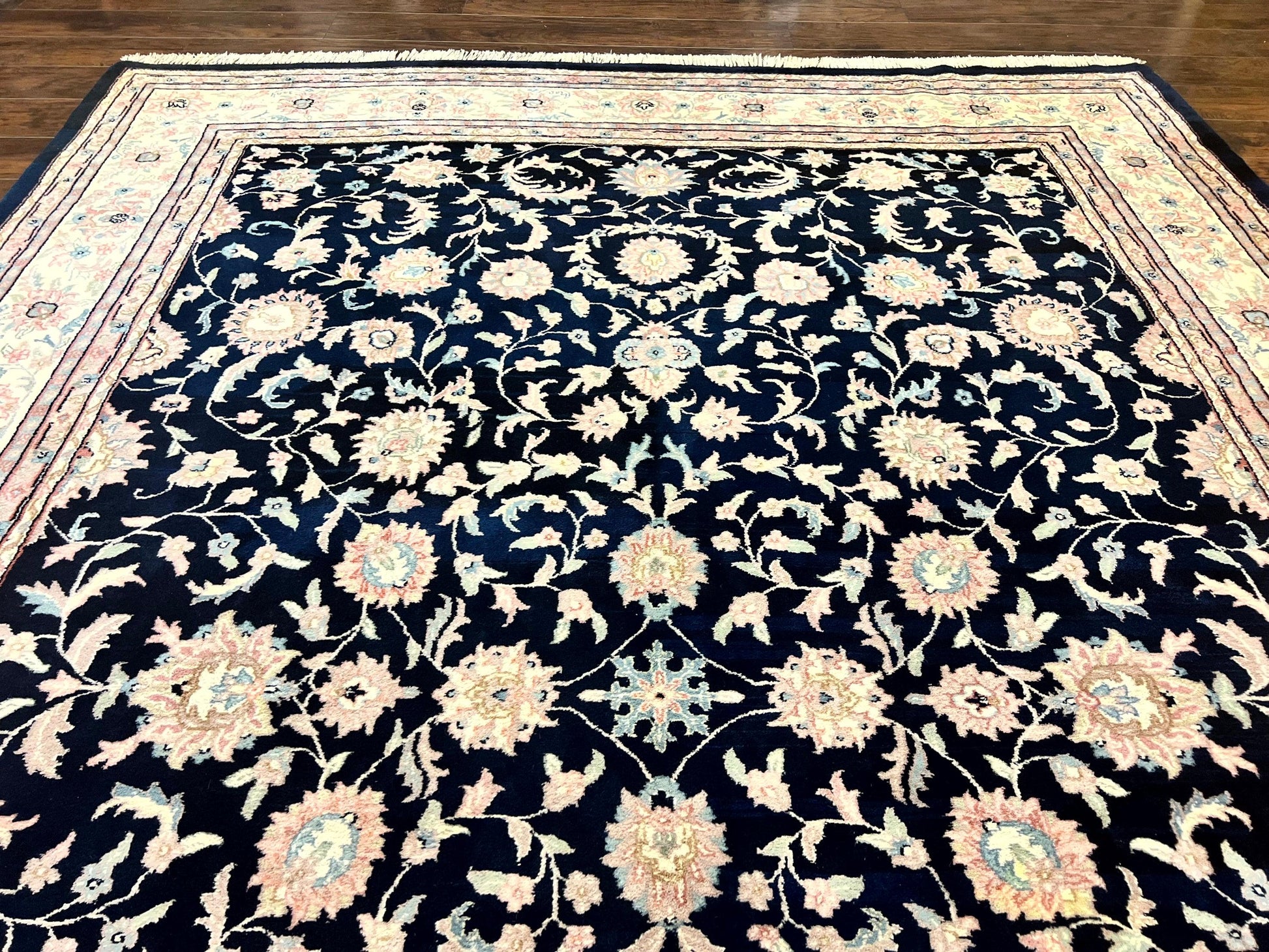 Indo Persian Rug 9x12, Navy Blue and Ivory/Cream, Floral Allover, Wool Vintage Handmade Carpet - Nuvé