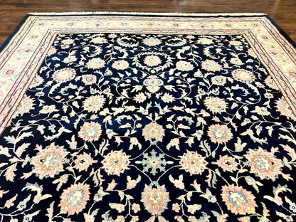 Indo Persian Rug 9x12, Navy Blue and Ivory/Cream, Floral Allover, Wool Vintage Handmade Carpet - Nuvé