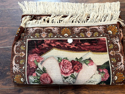 Small Persian Tabriz Pictorial Rug of Young Girl, Very Fine 380 KPSI, Portrait of Young Lady with Roses, Handmade, Persian Rug for Wall Hanging - Nuvé