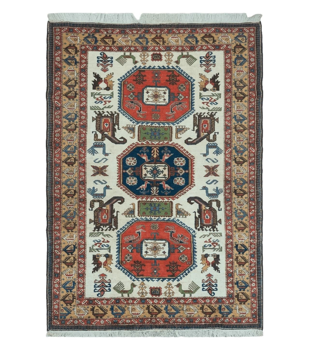 7' X 10' Vintage Handmade Knotted Turkish Wool Rug Birds Animal Ivory Organic