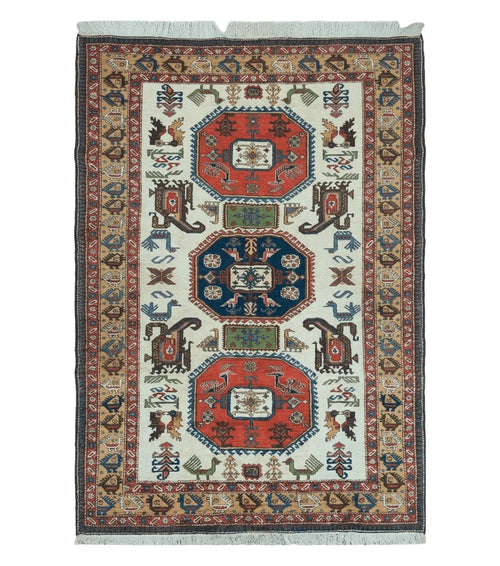 7' X 10' Vintage Handmade Knotted Turkish Wool Rug Birds Animal Ivory Organic