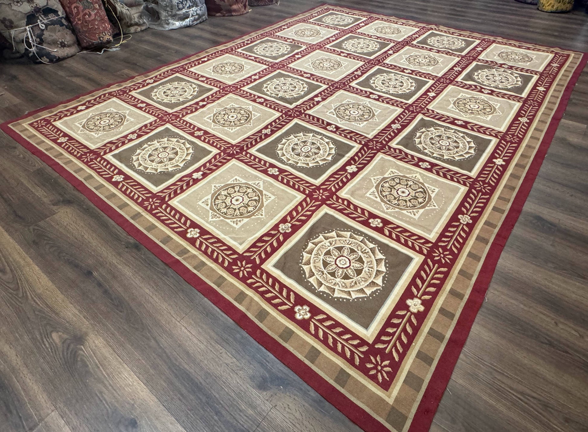 Needlepoint Rug 9x12, Panel Design, Burgundy Taupe, Elegant - Nuvé