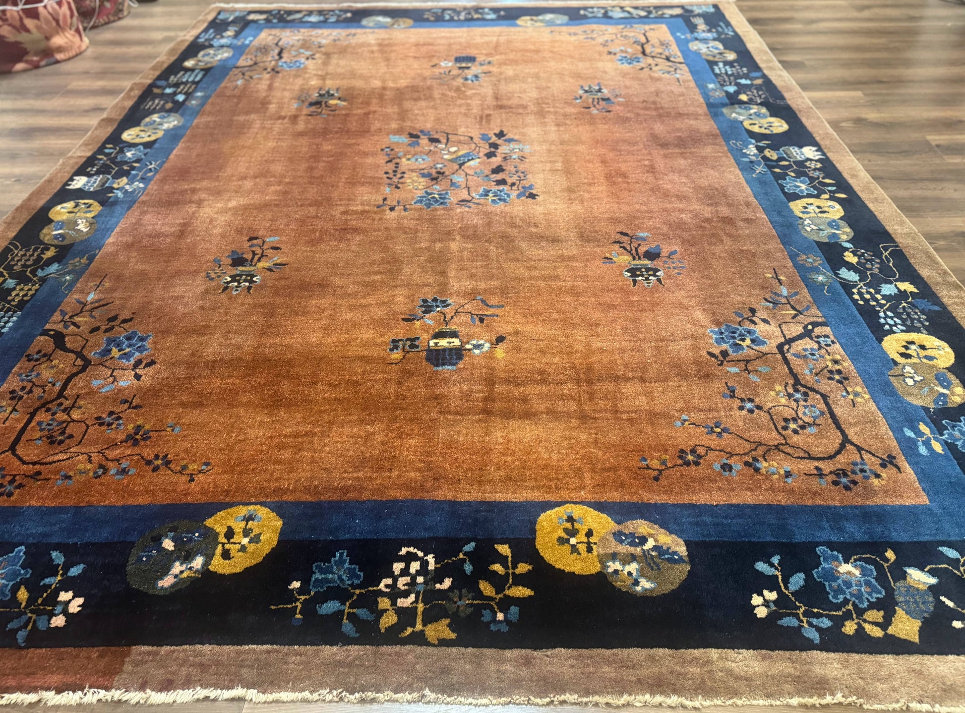 Antique Chinese Wool Rug 9x12, Light Brown and Navy Blue, Fete Peking Art Deco - Nuvé