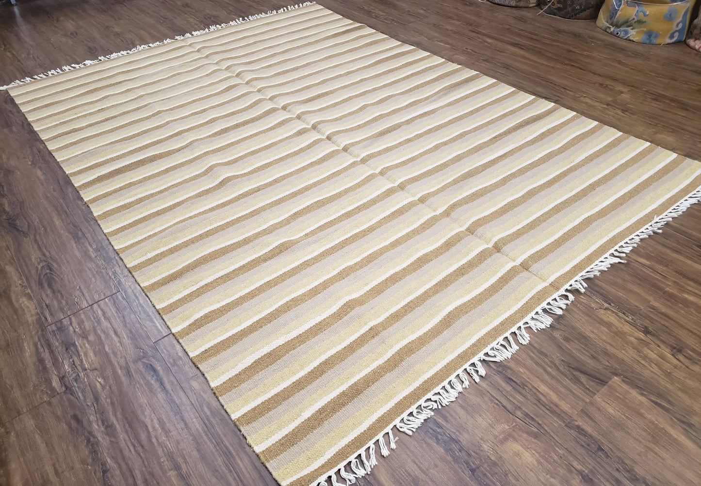 New Indian Striped Blanket, Multicolor Earthern Tones Kilim Rug, Wool Handmade South American Style Blanket, Queen Sized Bedspread 5x8 - 6x8 - Nuvé