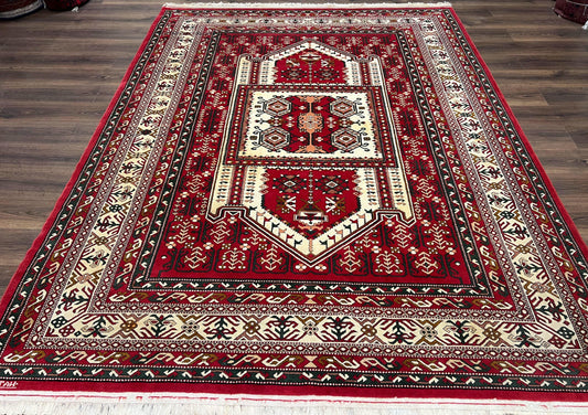 Wool Kazak Pattern Rug 7x10, Geometric Pakistani Hand Knotted Carpet, Large Medallion, Red Cream Dark Green, Room Sized Vintage Oriental Rug - Nuvé