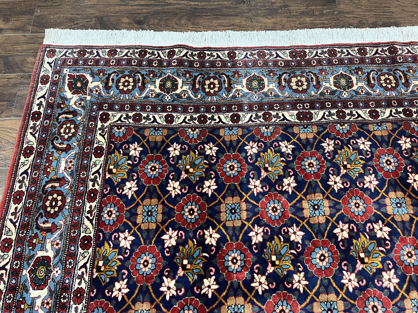 Persian Veramin Rug 7x11, Repeated Allover Pattern, Handmade Vintage Carpet, Navy Blue - Nuvé