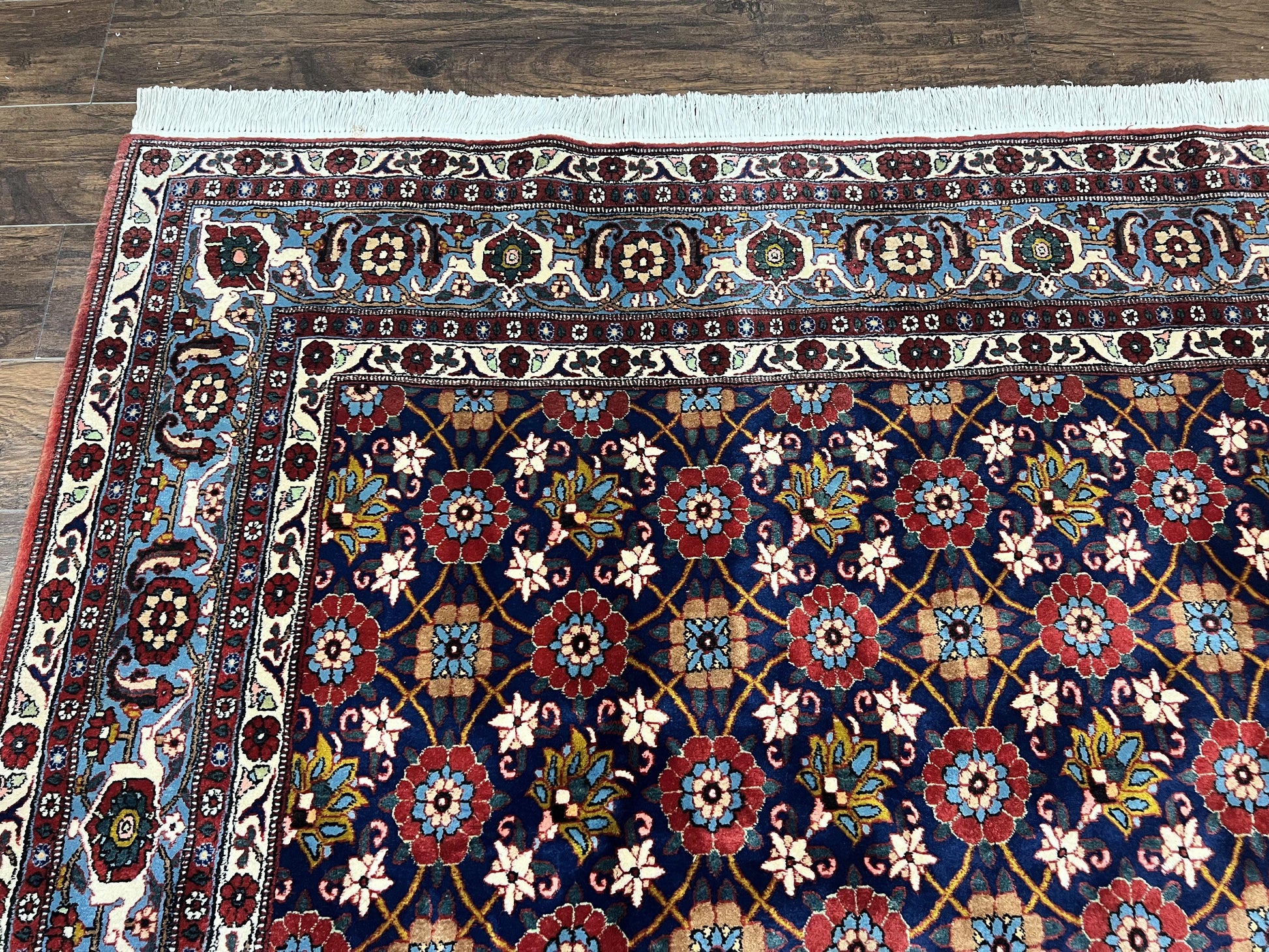 Persian Veramin Rug 7x11, Repeated Allover Pattern, Handmade Vintage Carpet, Navy Blue - Nuvé