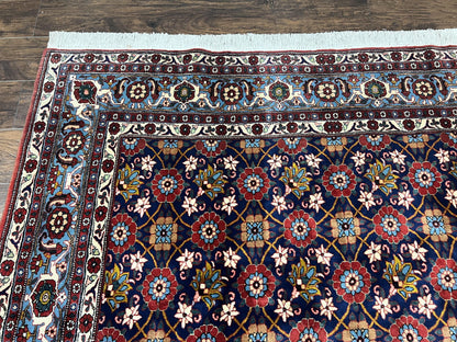 Persian Veramin Rug 7x11, Repeated Allover Pattern, Handmade Vintage Carpet, Navy Blue - Nuvé