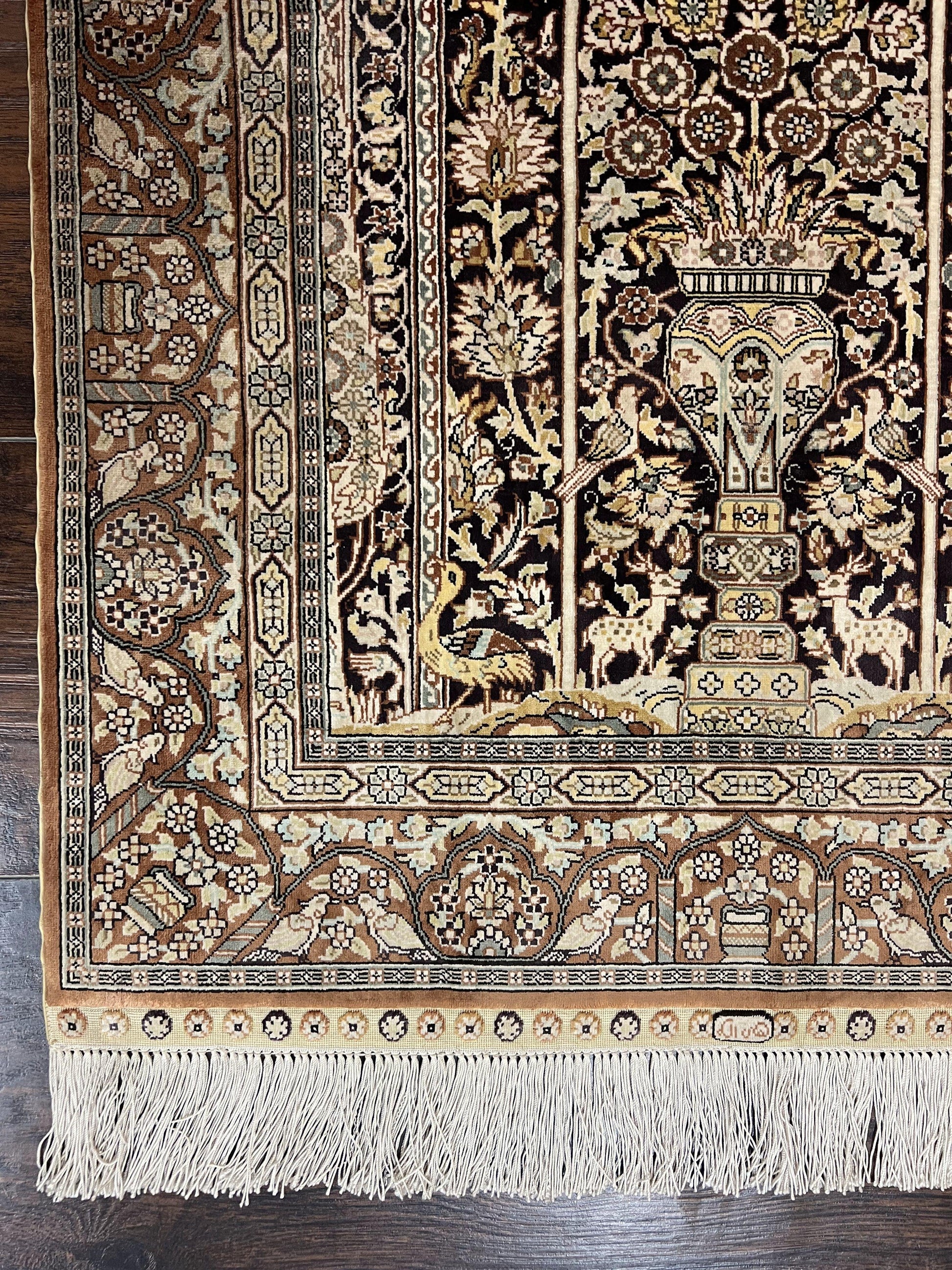 Turkish Silk Hereke Rug 2x3, Floral Vase Tree of Life Birds, Silk Pile on Silk Foundation, Vintage Oriental Carpet, Very Fine, Signature - Nuvé