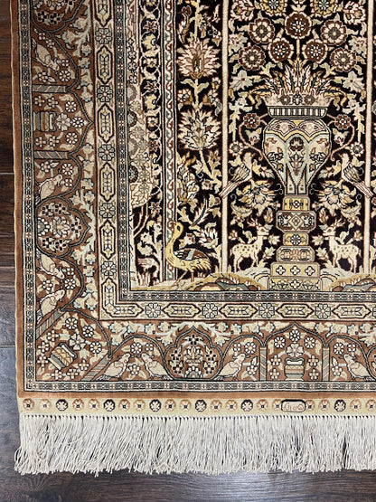 Turkish Silk Hereke Rug 2x3, Floral Vase Tree of Life Birds, Silk Pile on Silk Foundation, Vintage Oriental Carpet, Very Fine, Signature - Nuvé