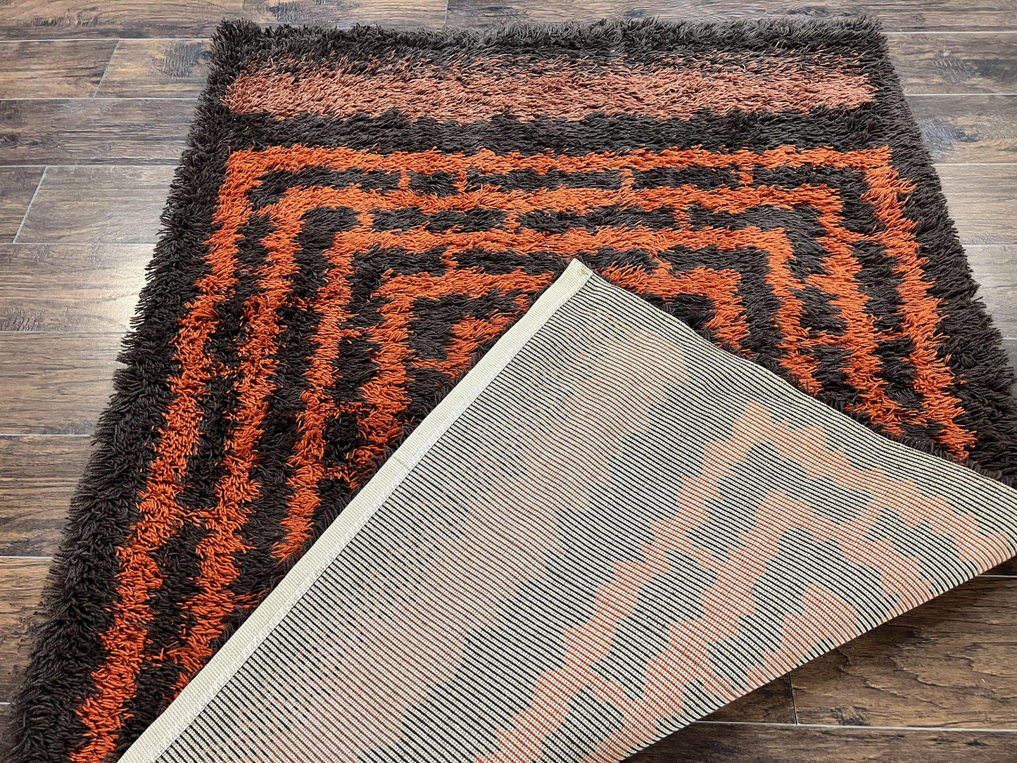 Vintage Rya Shag Rug 4.6 x 6.6, Abstract Design, Brown and Orange, Mid Century Danish Rya Carpet - Nuvé