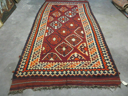 5' X 10' Antique Turkish Kilim Handmade Flat Weave Wool Rug Red Colorful Veg Dye Bohemian Boho Chic Tribal Style And Design - Nuvé