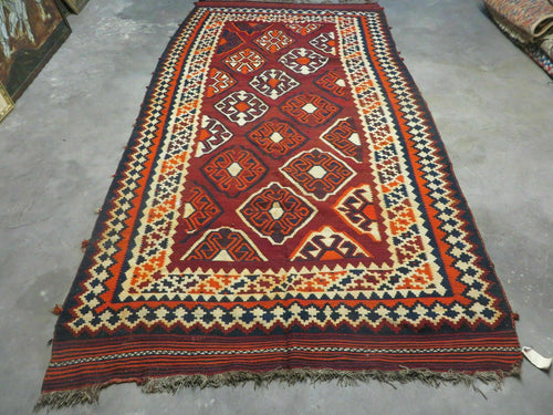 5' X 10' Antique Turkish Kilim Handmade Flat Weave Wool Rug Red Colorful Veg Dye Bohemian Boho Chic Tribal Style And Design - Nuvé