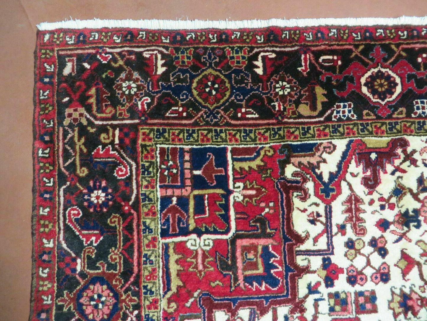 Wonderful Persian Heriz Rug 8.6 x 11, Geometric Heriz Carpet, Semi Antique Decorative Area Rug, Red Ivory Dark Blue Handmade Wool Room Sized - Nuvé