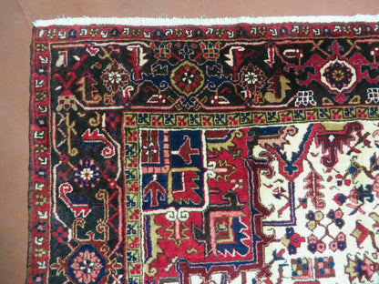 Wonderful Persian Heriz Rug 8.6 x 11, Geometric Heriz Carpet, Semi Antique Decorative Area Rug, Red Ivory Dark Blue Handmade Wool Room Sized - Nuvé