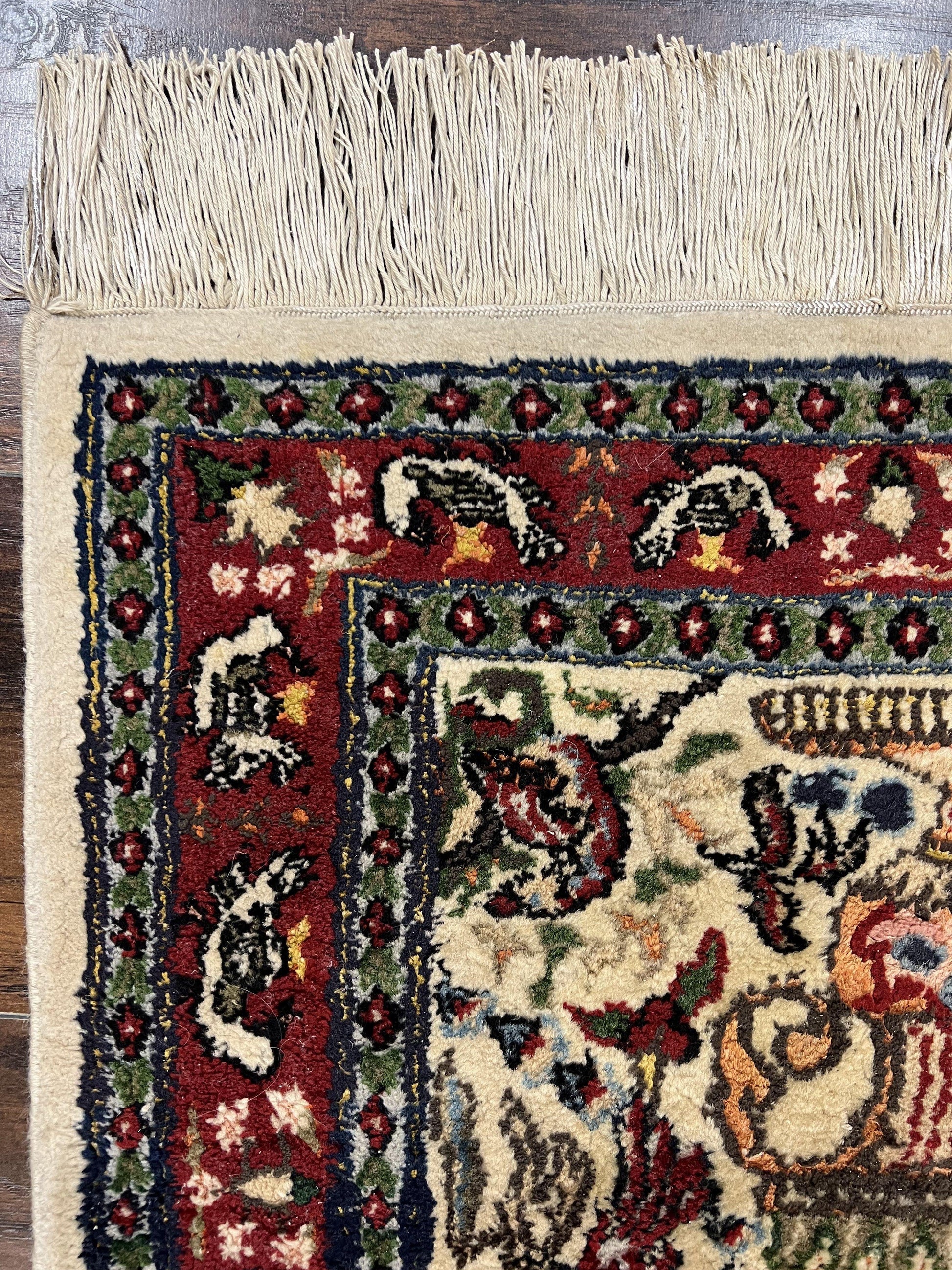 Small Indo Persian Rug 2x3 ft, Wool with Silk Highlights, Animal Pictorial Motifs Birds Vase Flowers, Cream and Maroon, Hand Knotted Fine - Nuvé