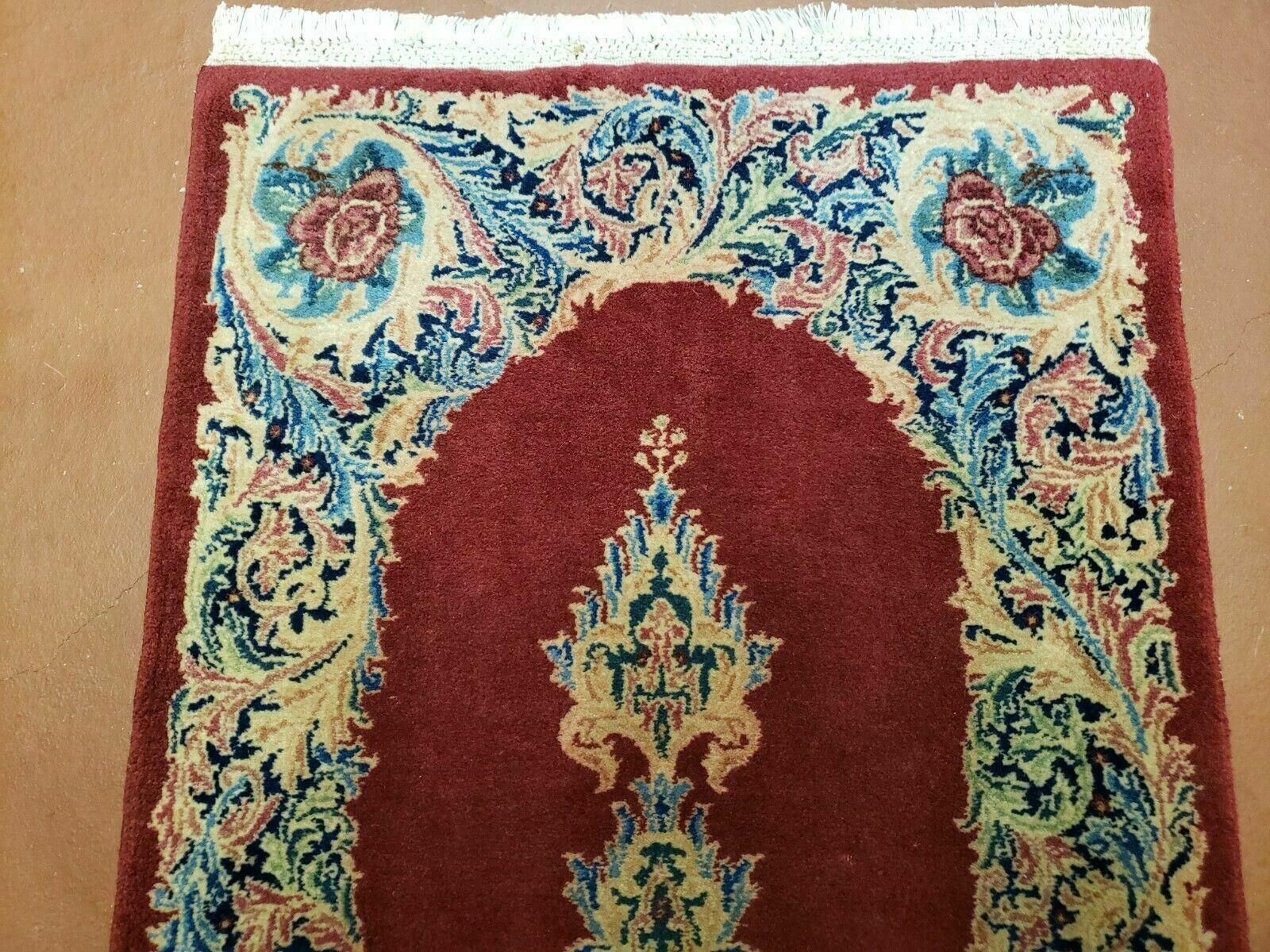 Small Persian Kirman Rug 2x4, Wool Oriental Vintage Handmade Carpet, Hand Knotted Floral Medallion, Red & Beige, Semi Open Field - Nuvé