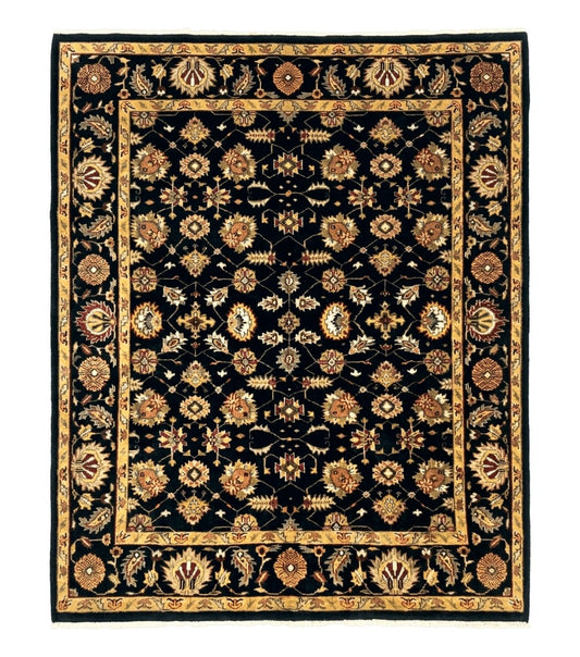 Indo Persian Mahal Rug 8x10, Black and Gold, Wool Hand Knotted Oriental Carpet