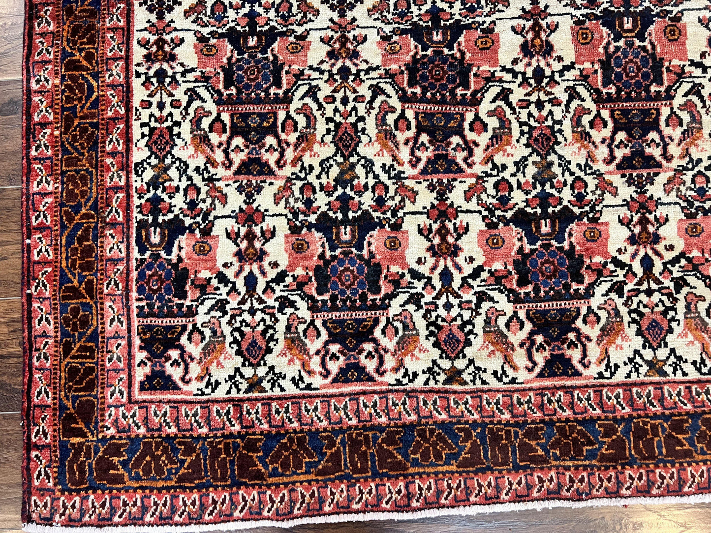 Persian Afshar Rug 6x8, Wool Hand Knotted Semi Antique Vintage Carpet, Floral Allover, Repeated Birds Flowers Vases Motifs - Nuvé