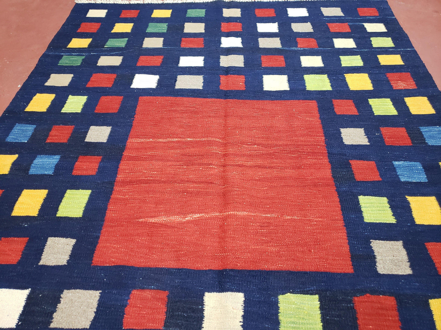 Turkish Kilim Rug 5x7 - 6x8, Checkerboard Kilim Carpet, Area Rug, New Playroom Rug, Colorful Multicolor Rug for Nursery Room, Dark Blue Red - Nuvé