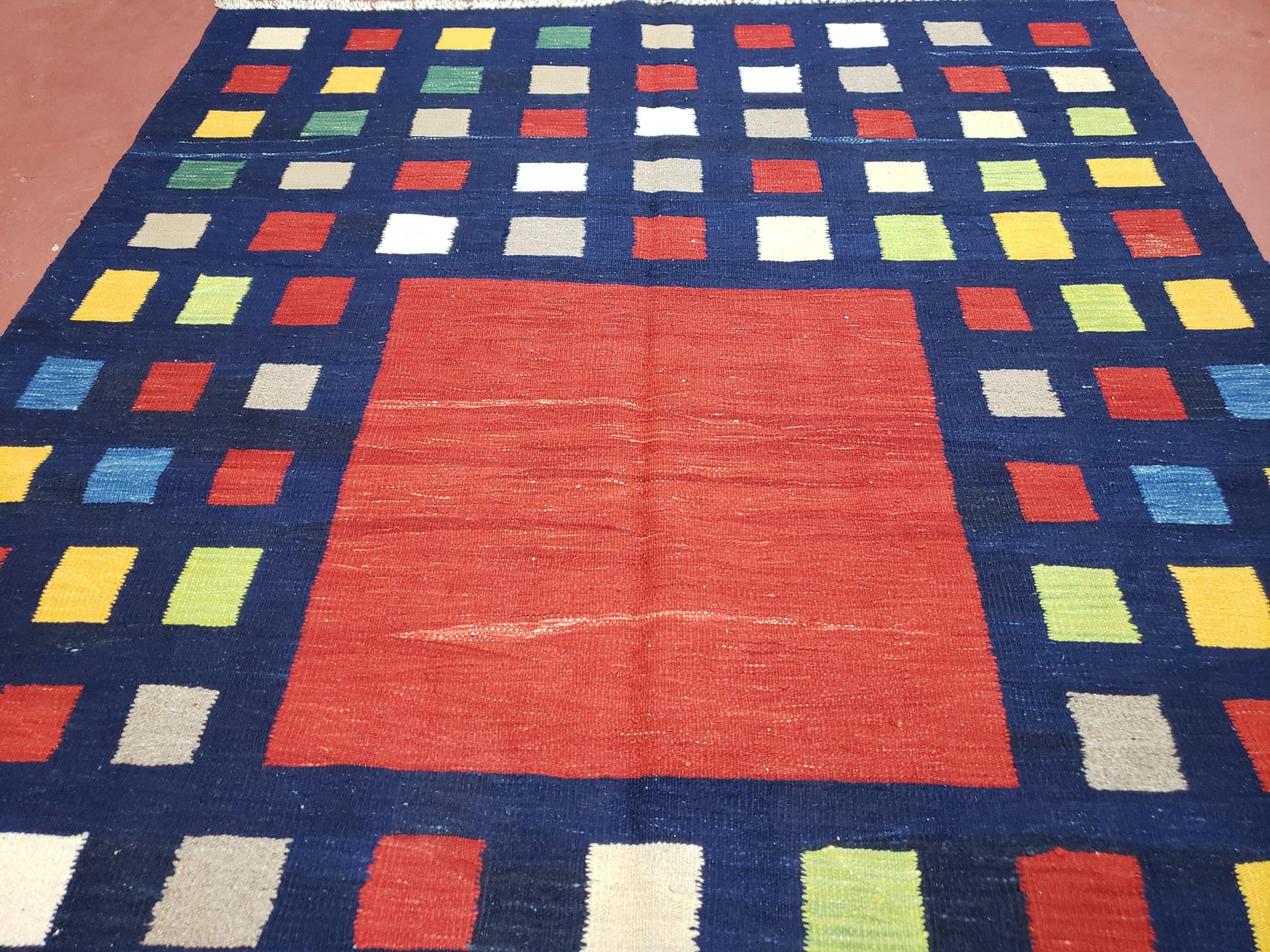 Turkish Kilim Rug 5x7 - 6x8, Checkerboard Kilim Carpet, Area Rug, New Playroom Rug, Colorful Multicolor Rug for Nursery Room, Dark Blue Red - Nuvé