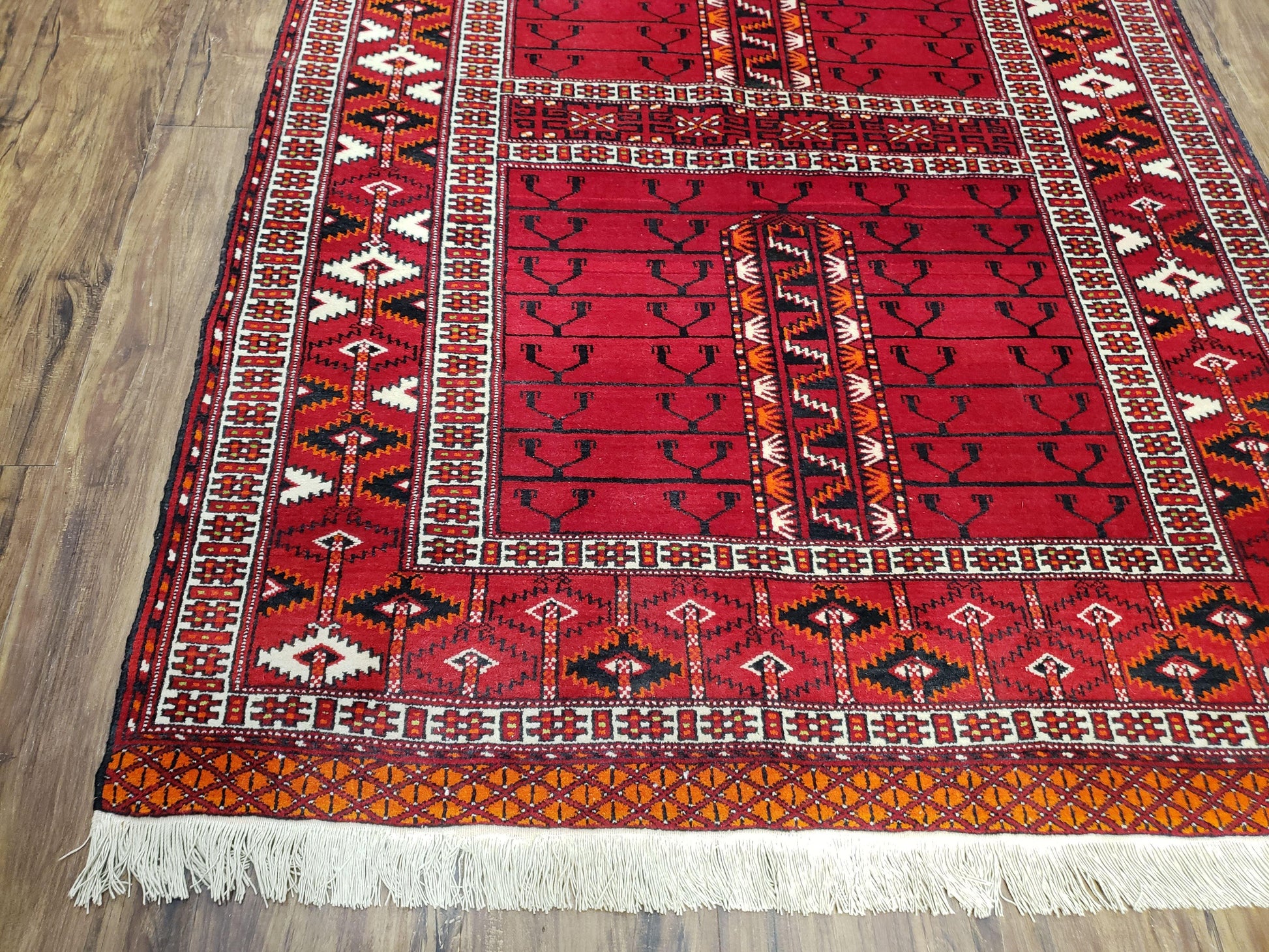 Antique Persian Turkoman Rug 4x5, Hatchli Tekkeh Ersari Red Tribal Rug, Handmade Wool Oriental Carpet, Four Seasons Rug - Nuvé