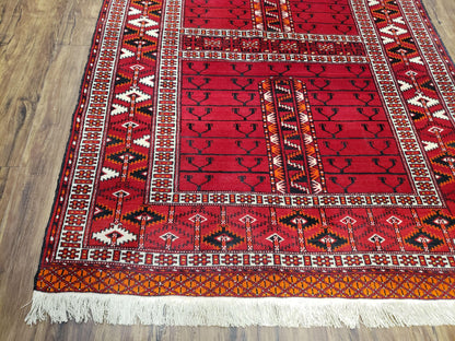 Antique Persian Turkoman Rug 4x5, Hatchli Tekkeh Ersari Red Tribal Rug, Handmade Wool Oriental Carpet, Four Seasons Rug - Nuvé