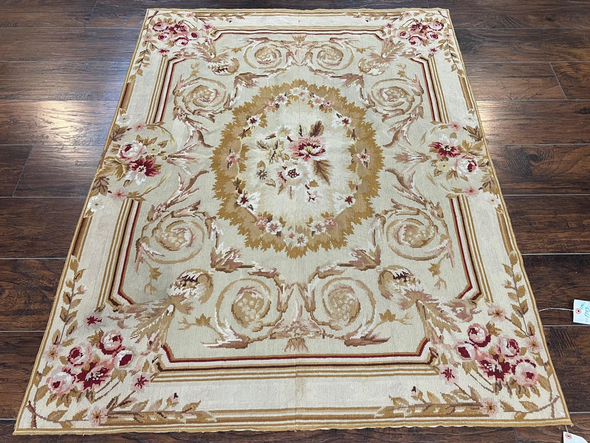Aubusson Needlepoint Rug 4x5 ft, Beige and Tan, Aubusson Savonnerie Vintage Carpet, Handwoven Handmade Wool Rug, European Design Floral Rose - Nuvé