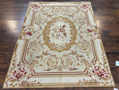 Aubusson Needlepoint Rug 4x5 ft, Beige and Tan, Aubusson Savonnerie Vintage Carpet, Handwoven Handmade Wool Rug, European Design Floral Rose - Nuvé